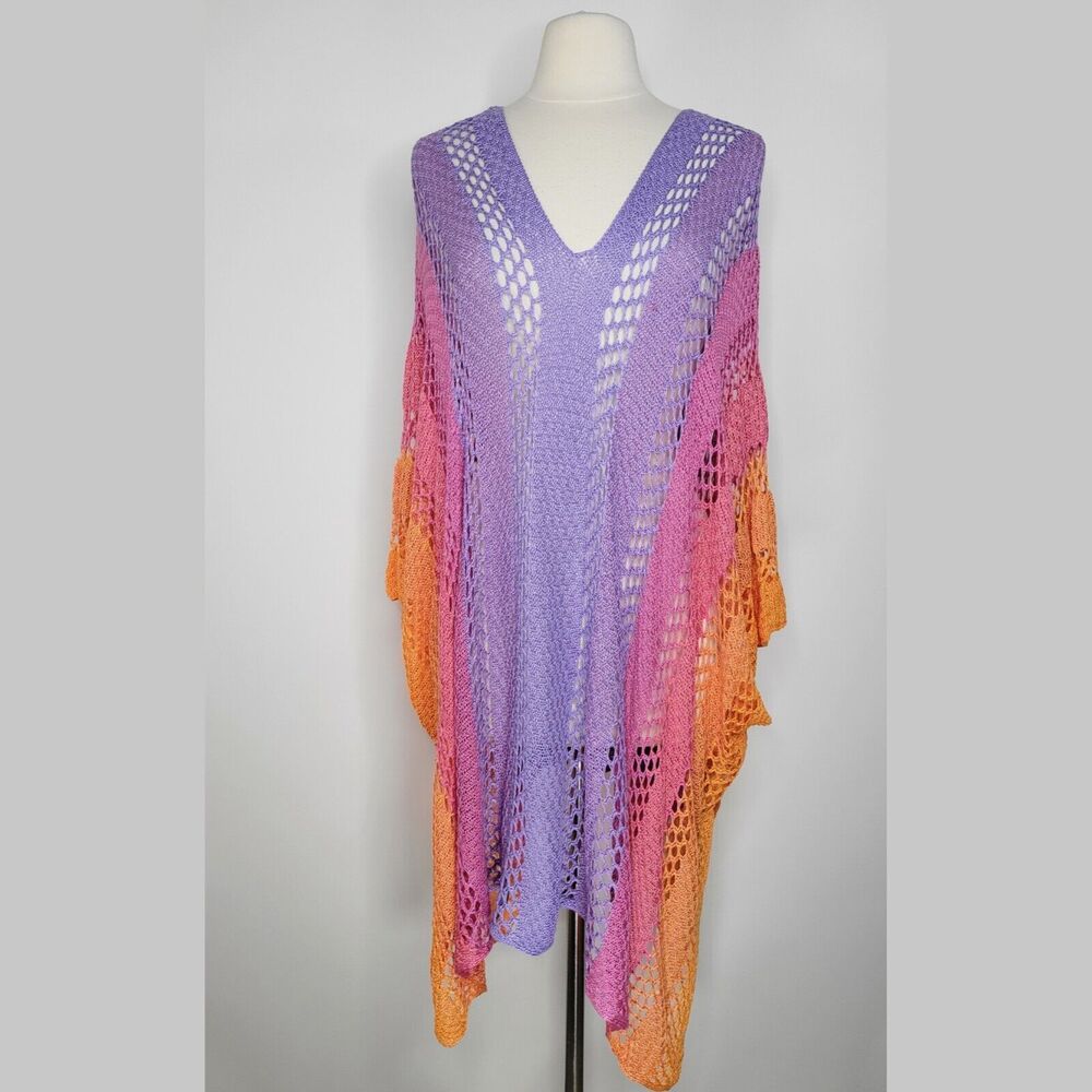 Gradient Crochet V-Neck Swim Coverup in Lavender, Pink & Orange